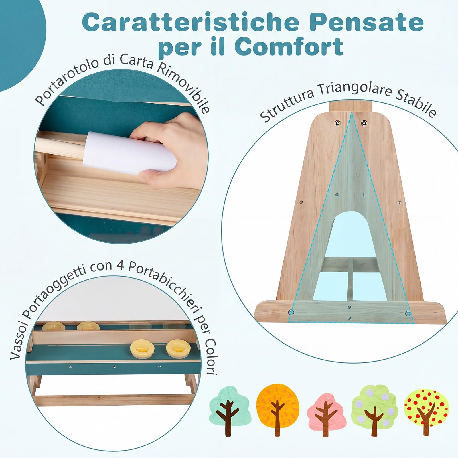COSTWAY Cavalletto in Legn per Bambini da Esterno, 3 Anni+ | Cavalletto Pittura con Tettoia Parasole, Pannello Trasparente, Rotolo di Carta e 4 Tazze per Colori, 65 x 44,5 x 110 cm