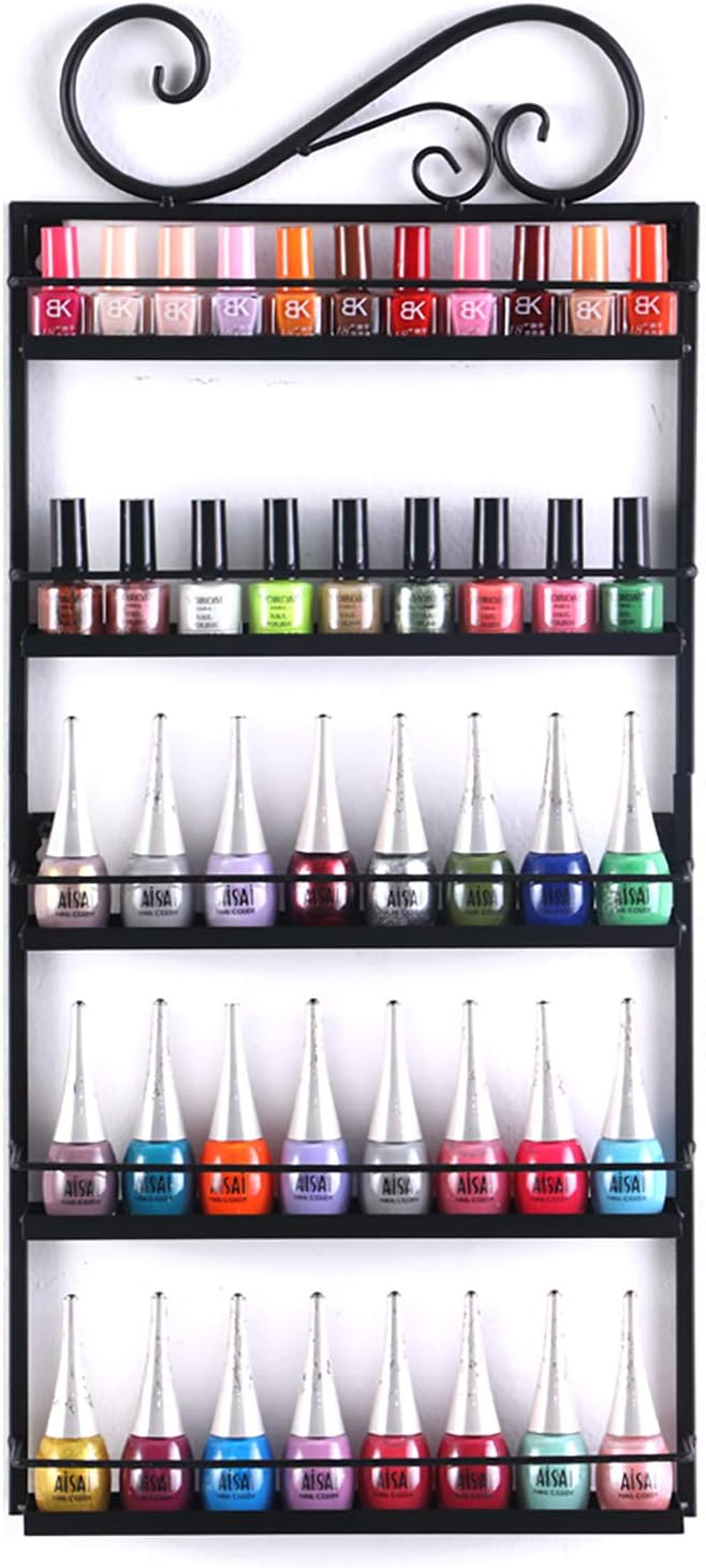 DAZONE Nail Polish Rack, DIY Metal Nail Polish Mountable 5 Tier Organizer Nail Polish Wall Rack Organizer Holds 50 Bottles Nail Polish Black