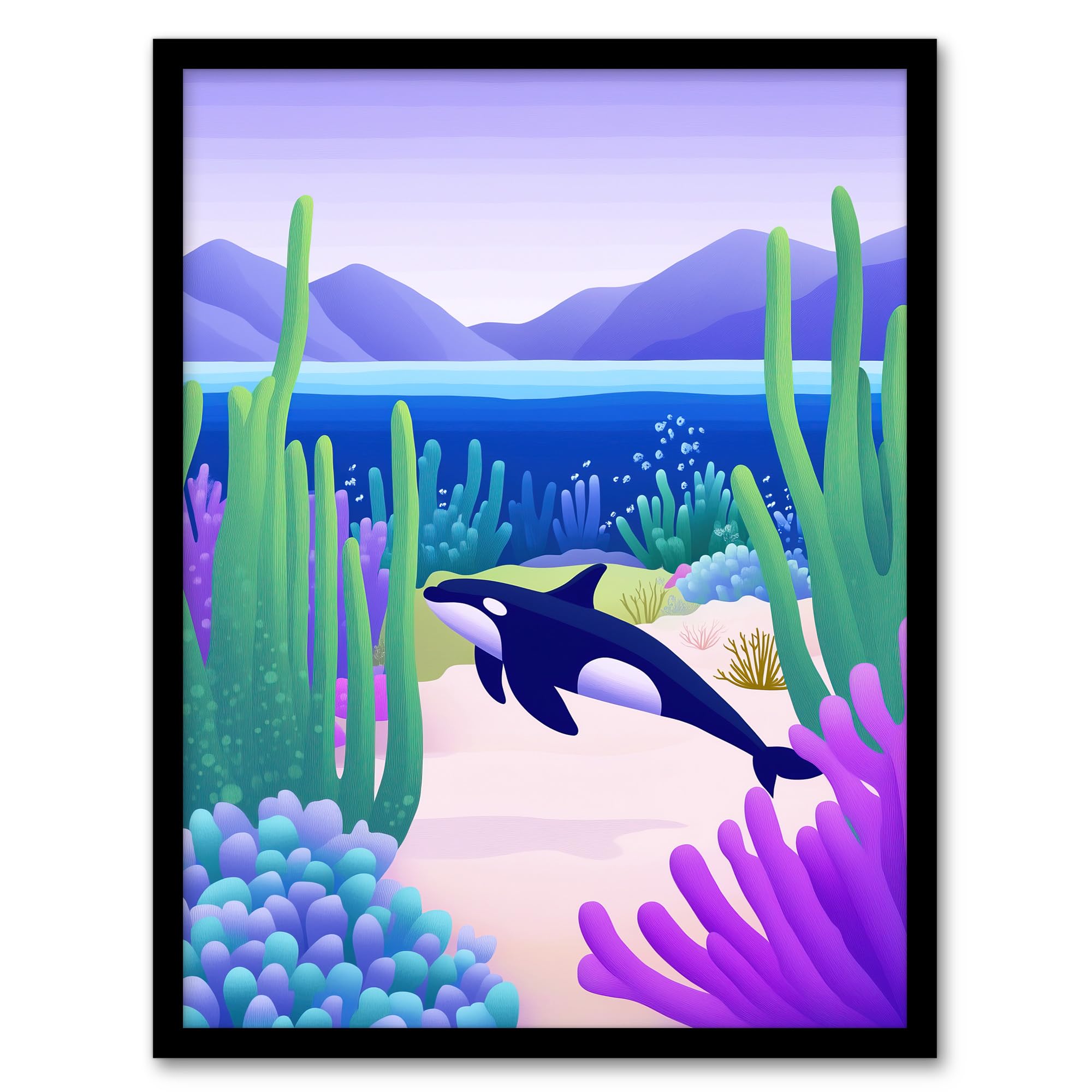 Artery8 Orca Whale Coastal Coral Reef Underwater Scene Bathroom Toilet Artwork Framed Wall Art Print A4