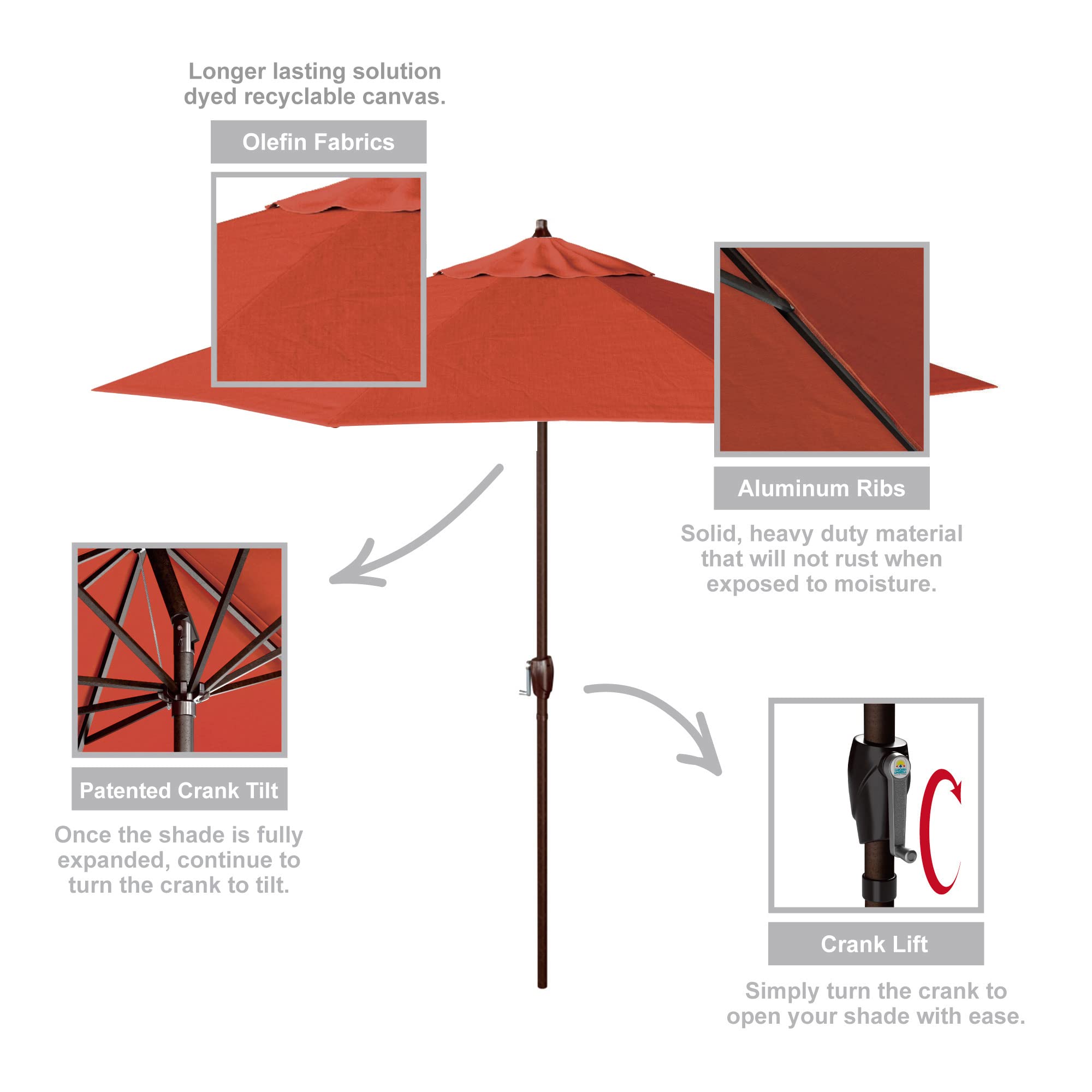 California Umbrella Okrągły aluminiowy parasol rynkowy 9 stóp, podnośnik korbowy, automatyczne przechylanie, brązowy słup, zachód słońca Olefin