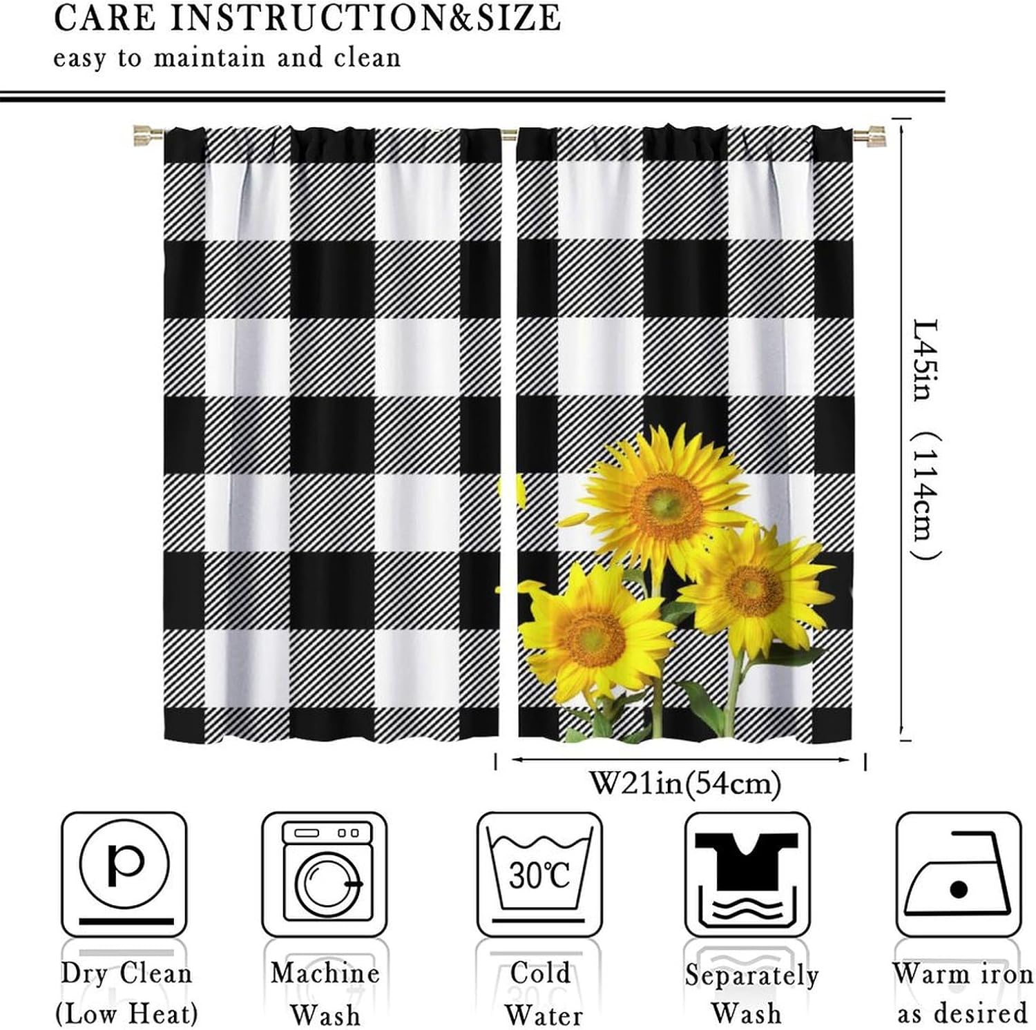 Sunflower Curtains Sunflower on Farm Buffalo Check Plaid Black and White Curtain with Rod Pocket for Living Room Bedroom Home Decor Drapes Window Treatments 2 Panels Set 42x45 Inch