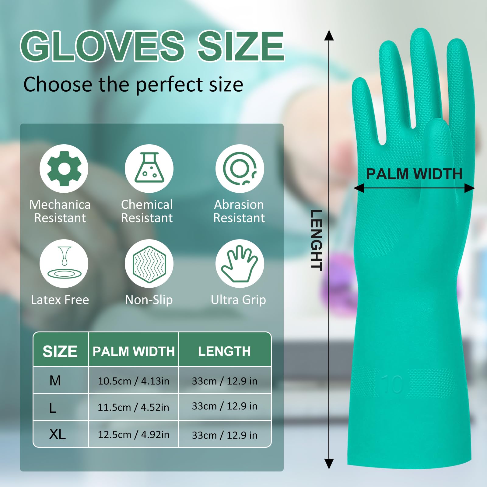 Beieverluck Lot de 10 paires de gants en nitrile, résistants aux produits chimiques, réutilisables, robustes, gants de travail de sécurité, 32,6 cm de long, gants en caoutchouc pour protection d'huile