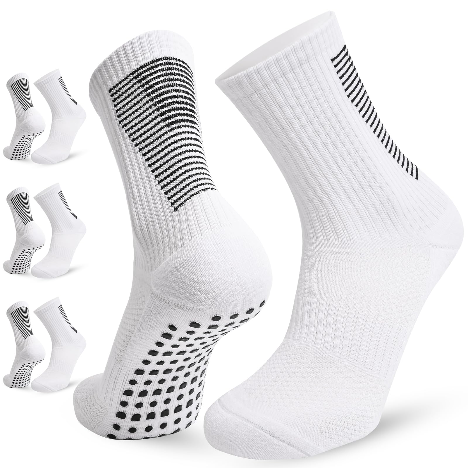 Sioven Football Grip Socks for Men Women, Kids - 3 Pairs Anti Slip Sports Athletic Socks with Rubber Pads for Football Basketball Soccer Rugby Yoga Running Trekking Hiking(L, White)