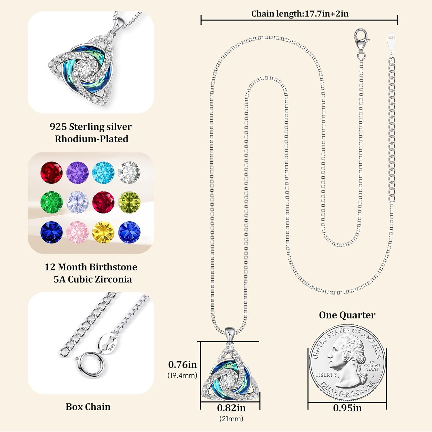 Distance Celtic Birthstone Necklace for Women, S925 Sterling Silver Trinity Knot Triquetra Austria Crystal Pendant, Birthstone Necklace Birthday Anniversary Jewelry Irish Scottish Gifts for Her - Image 5