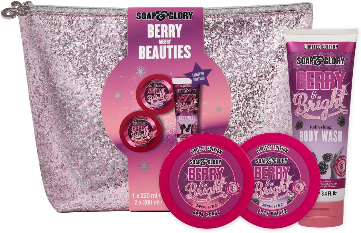 Berry Merry Gift Set - Limited Edition Body Wash, Exfoliating Scrub and Body Butter - Enriched with Notes of Blackberry, Peony & Apple Blossom (3 Count)