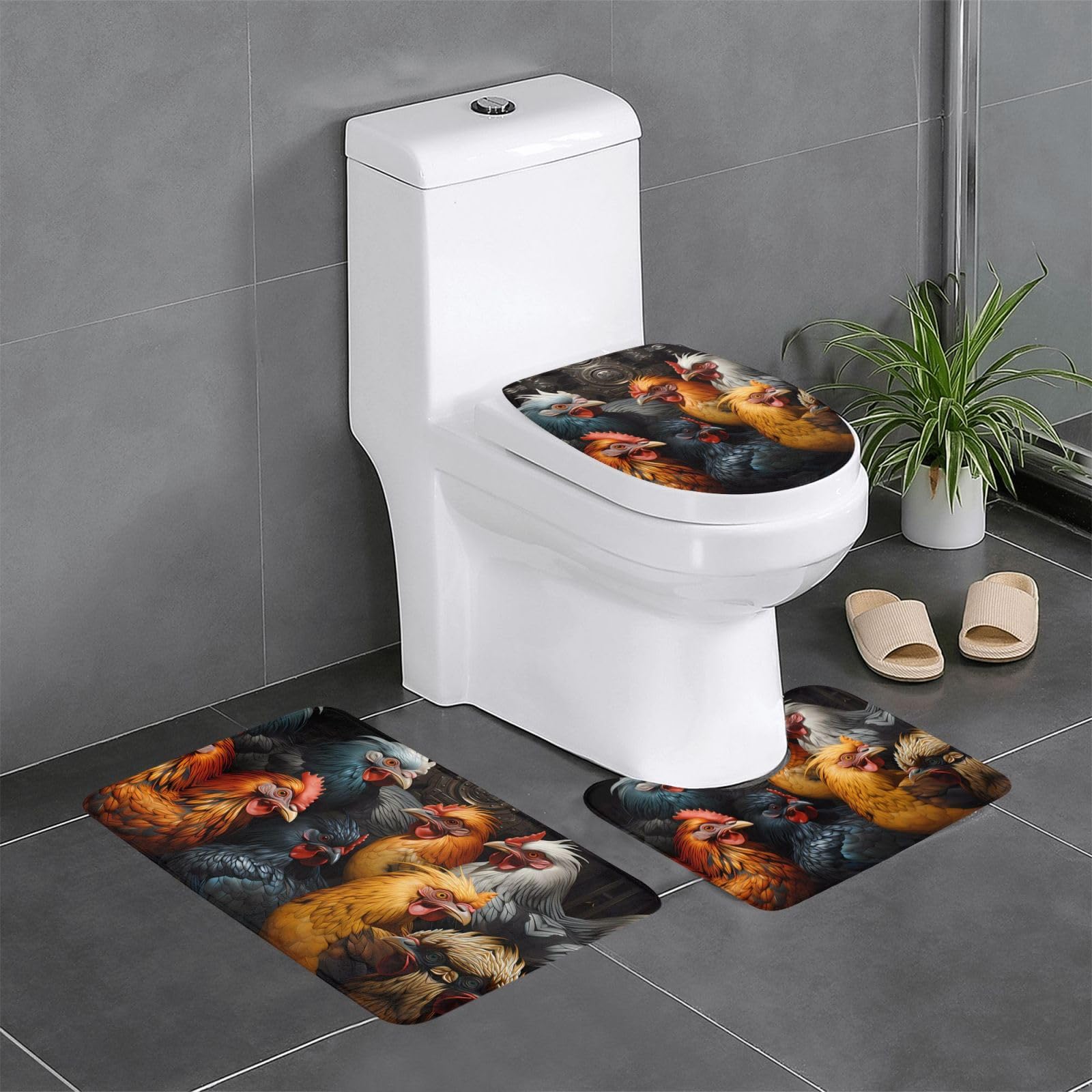 Tapis de salle de bain lot de 3 antidérapant avec motif coq coloré