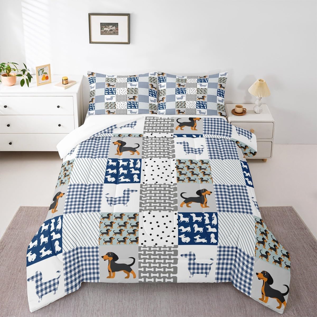 Feelyou Cartoon Dachshund Bedding Set Cute Puppy Dog Comforter Set Geometric Plaid Sausage Dog Comforter for Boys Girls Children Teens Dog Animal Blue Duvet Set Full Size Quilt Set