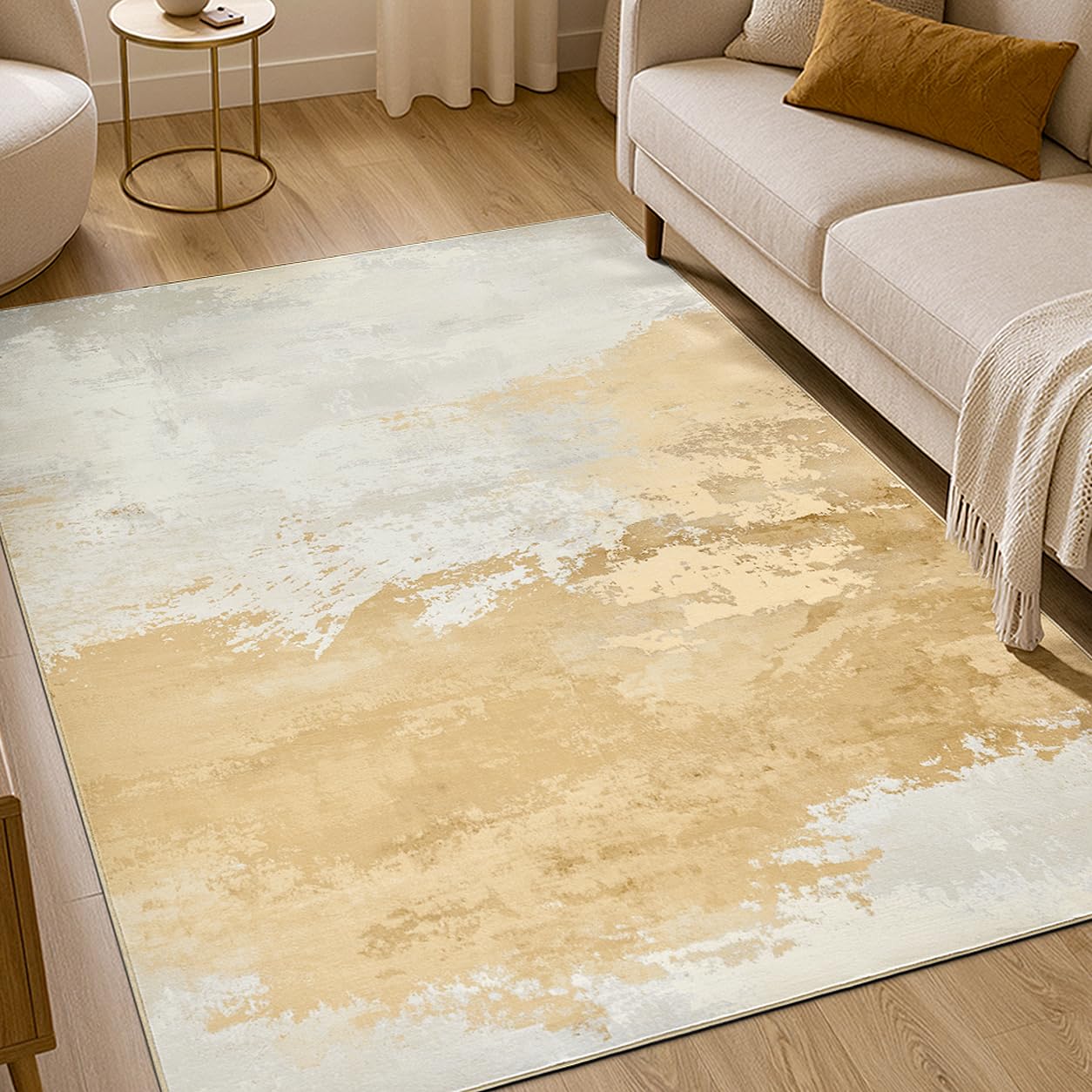 TOPICK Large Abstract Living Room Rug 140x200cm, Beige Soft Washable Carpet