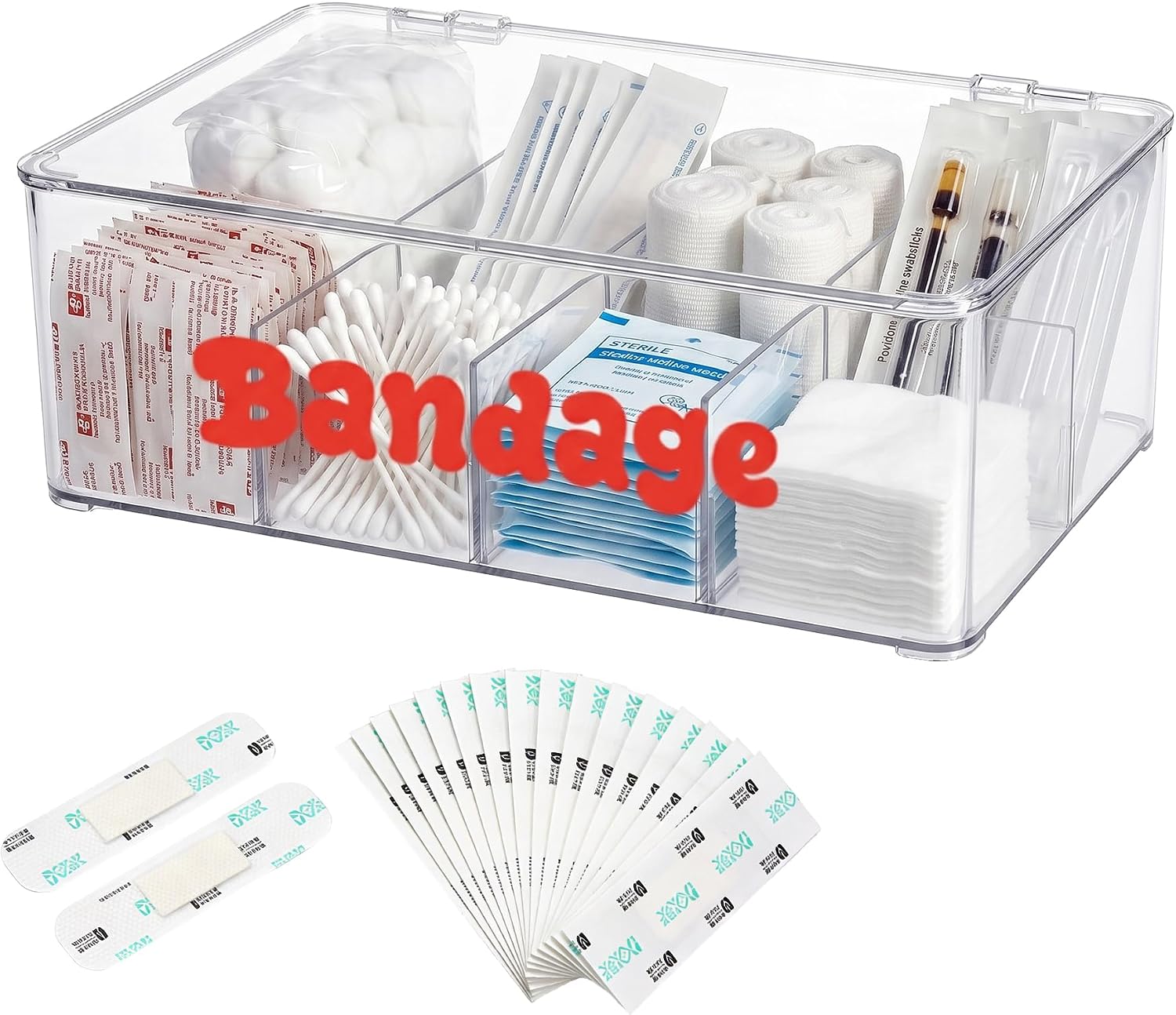 Bandage Storage Organizer, 8 Adjustable Compartments First Aid Storage Organizer with Flip Cover, Medical Supply Organizer for Cotton Swabs Pills, Clear