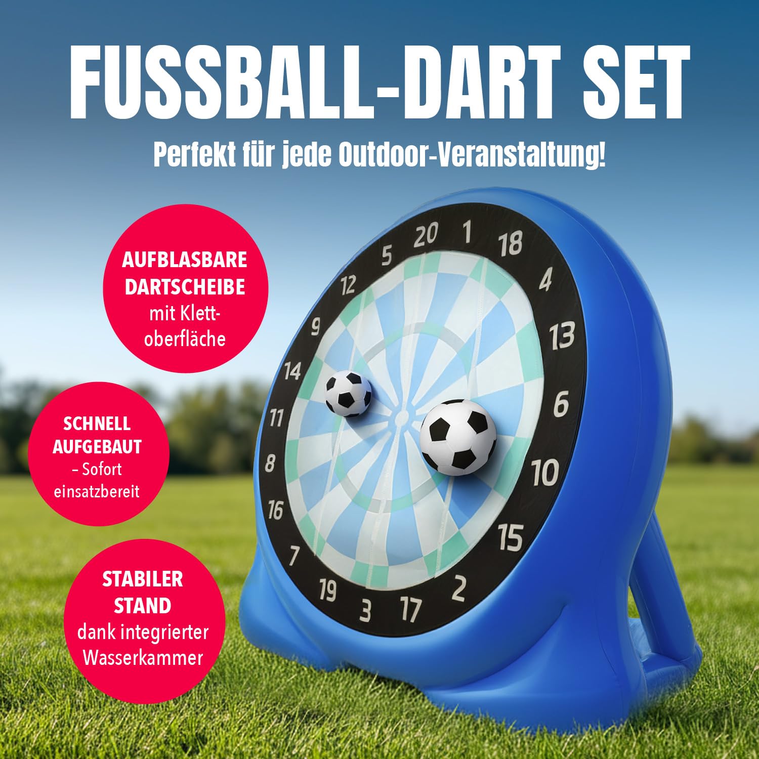 EASYmaxx Fussball Dart aufblasbar Outdoor Komplett-Set mit 2 Bällen, aufblasbare Dartscheibe Fußball mit 107 cm Trefferfläche | ab 6 Jahren | stabil mit Wasserkammer | für Garten, Unterwegs & Events
