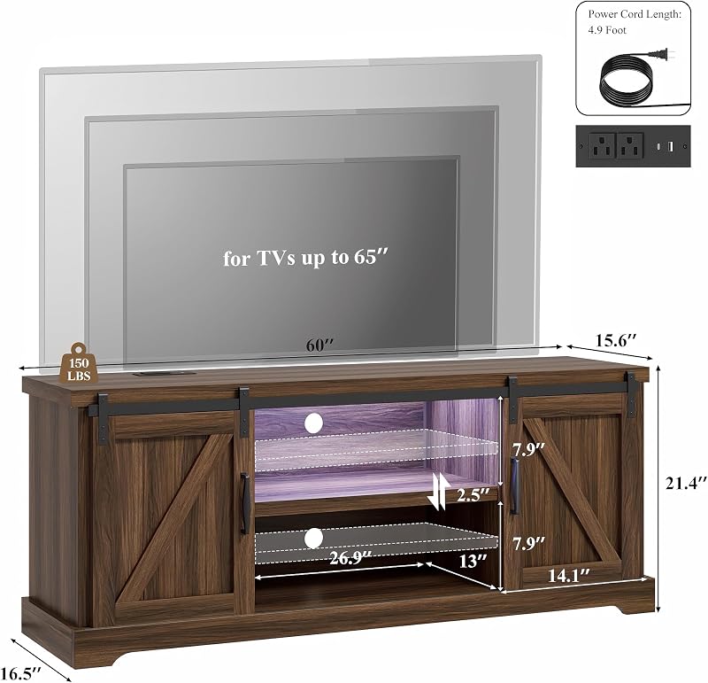 QUW 60" Farmhouse TV Stand for 70" TVs, Modern Entertainment Center, Brown image 2