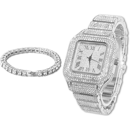 Diamond Watch for Men Guys - Square Dial - 20MM Wide Wristband 18k Real Gold/White Gold Platinum Plated Iced Out, with Tennis Chain Set Optional, Gift for Boyfriend Husband