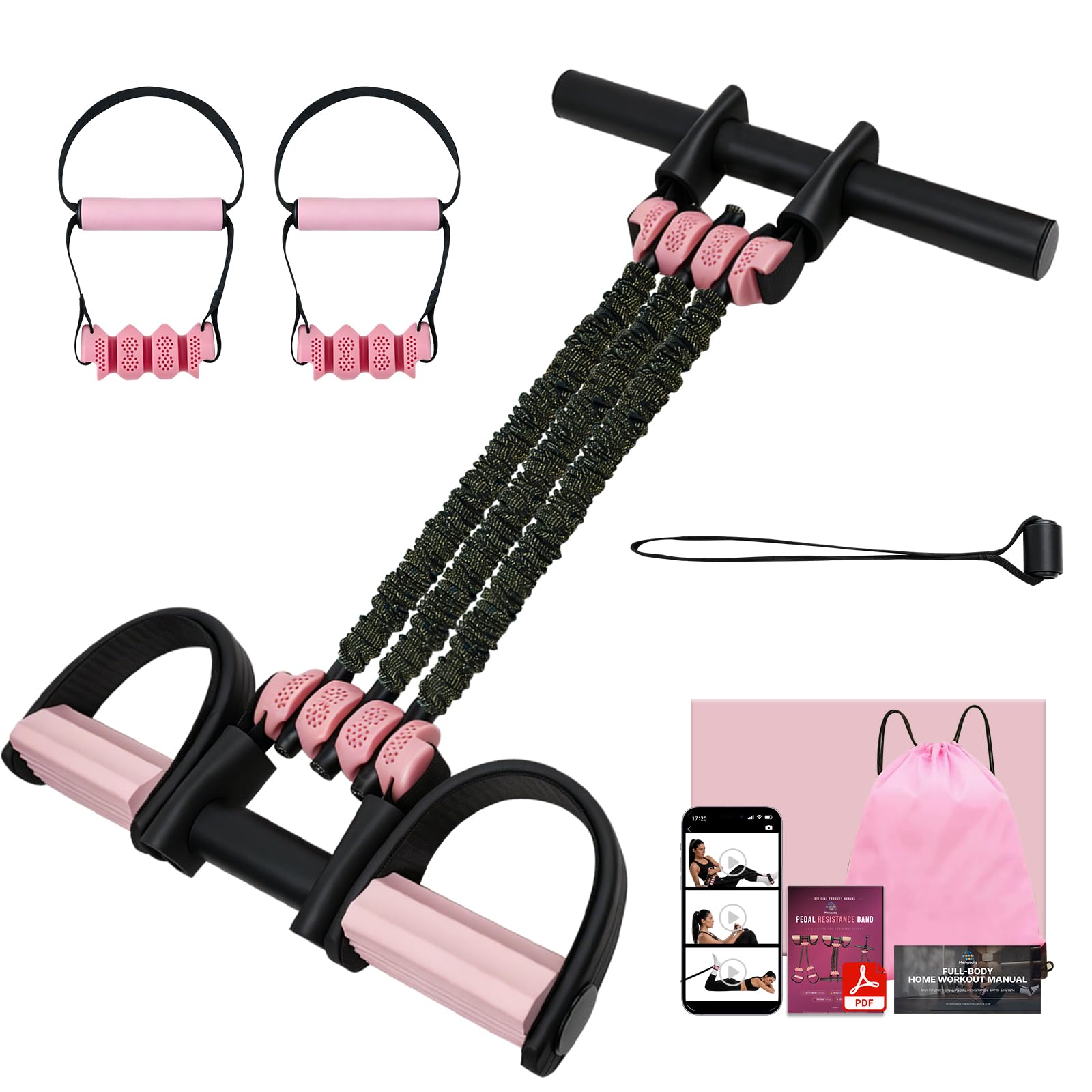 Pedal Widerstandsband mit Griff & Video-Guide | 20–60 kg einstellbar, 3 Bänder | für Bauch, Beine, Po & Reha-Training zuhause