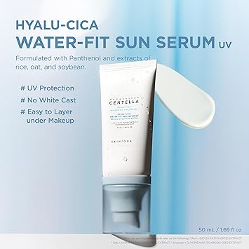 SKIN1004 Centella Hyalu-Cica Water-Fit Sun Serum UV, Korean Sunscreen SPF 50, Centella Sunscreen, Travel Essentials, Sunscreen with Hyaluronic Acid, No White Cast, Korean Skin Care, 1.69 fl.oz / 50ml