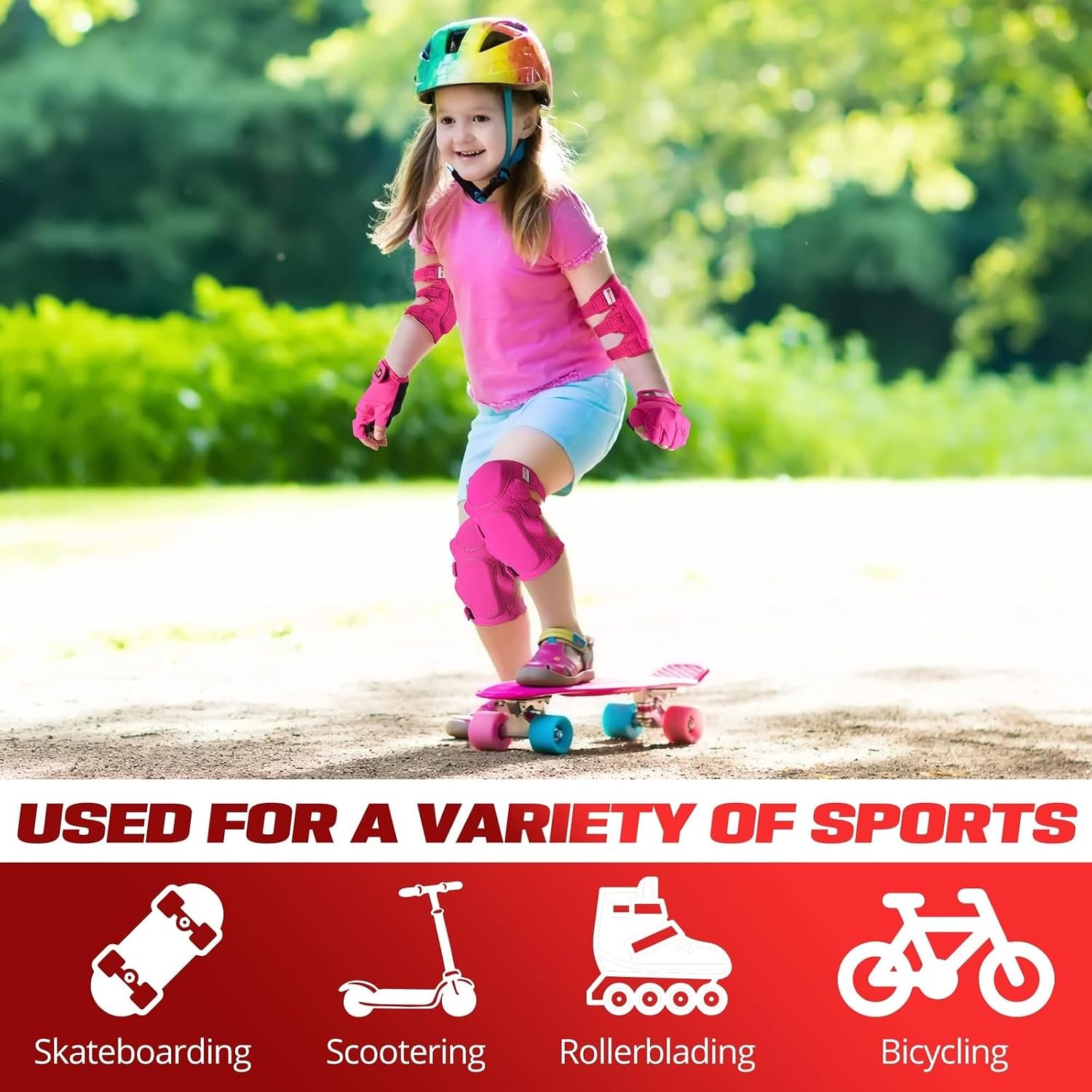 Lascoota Kids Roller Skate Protective Gear Set - 7-Piece, Medium, Pink - Knee Pads, Elbow Pads & Gloves for Roller Skating - Kid Scooter Riding & Skateboarding