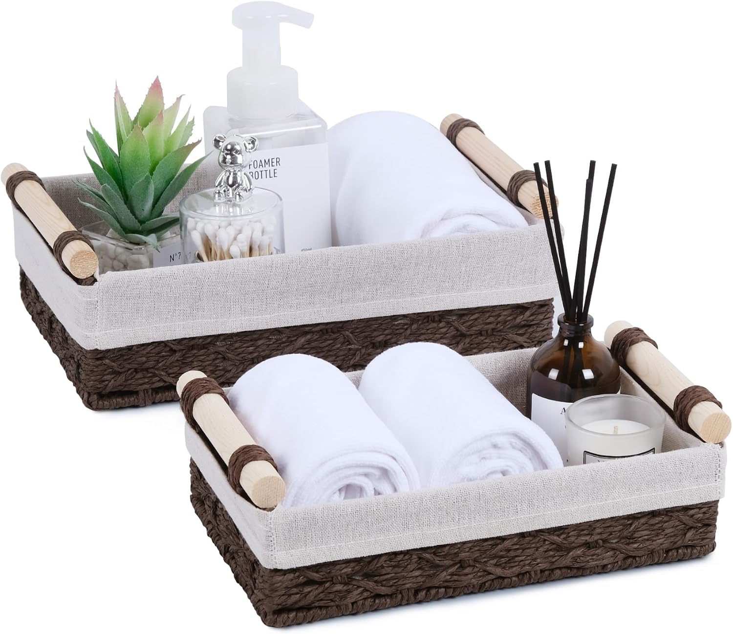 Wicker Storage Basket with Wooden Handle – Paper Rope Decorative Toilet Paper Baskets & Bathroom Organizer for Toilet Tank Top, Shelves, Bedroom, Countertop,Home,Office Storage Bins, 2 Pack,Sage Green