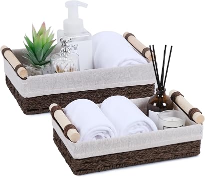 Wicker Storage Basket with Wooden Handle Paper Rope Decorative Toilet Paper Baskets & Bathroom Organizer for Toilet Tank Top, Shelves, Bedroom, Countertop,Home,Office Storage Bins, 2 Pack,Brown