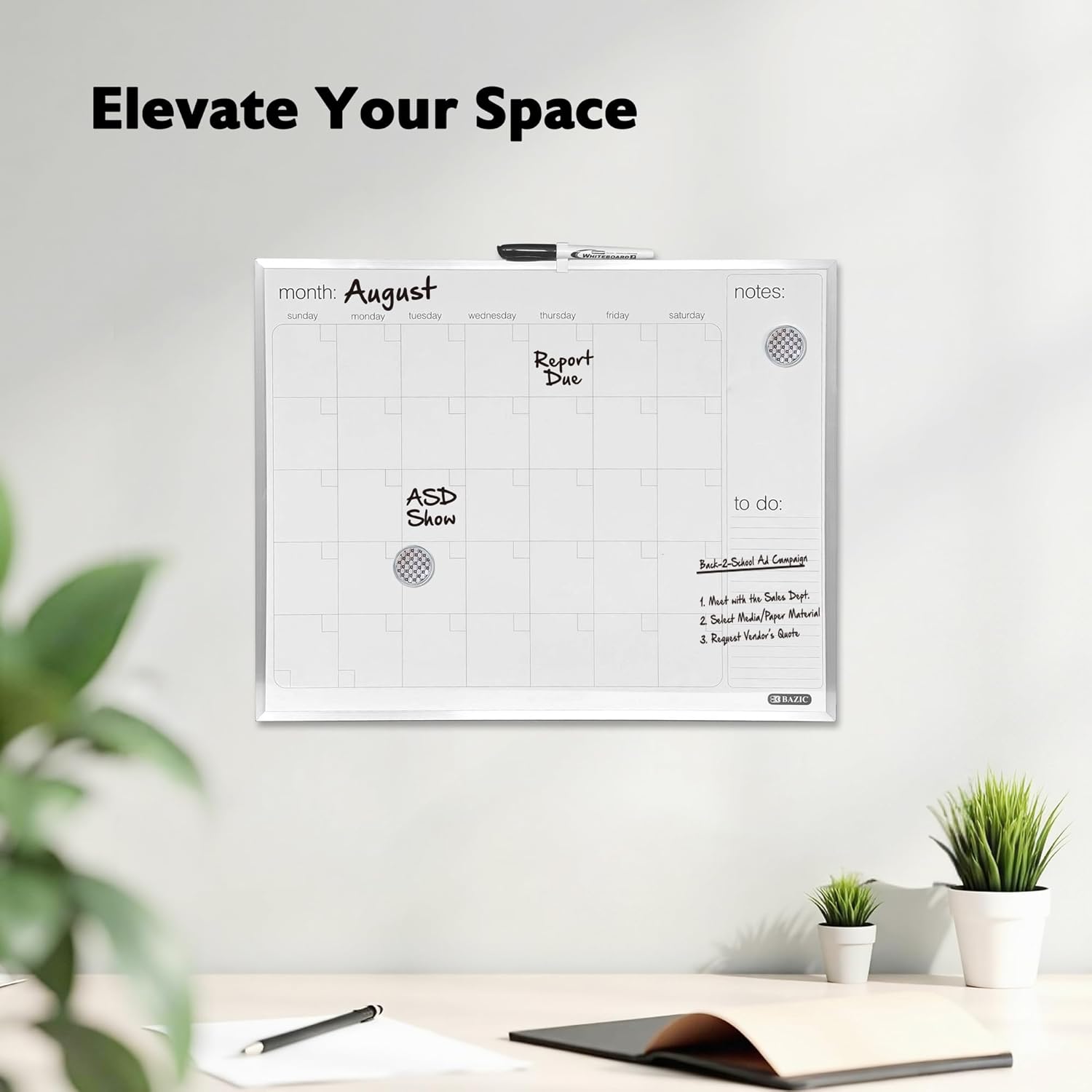 BAZIC Products Magnetic Dry Erase Calendar Board, Aluminum Frame with Marker & Magnets, Monthly Calendar Whiteboard, Planner Board for Scheduling & Organization, Home & Office Use, 16"x20", 1-Pack