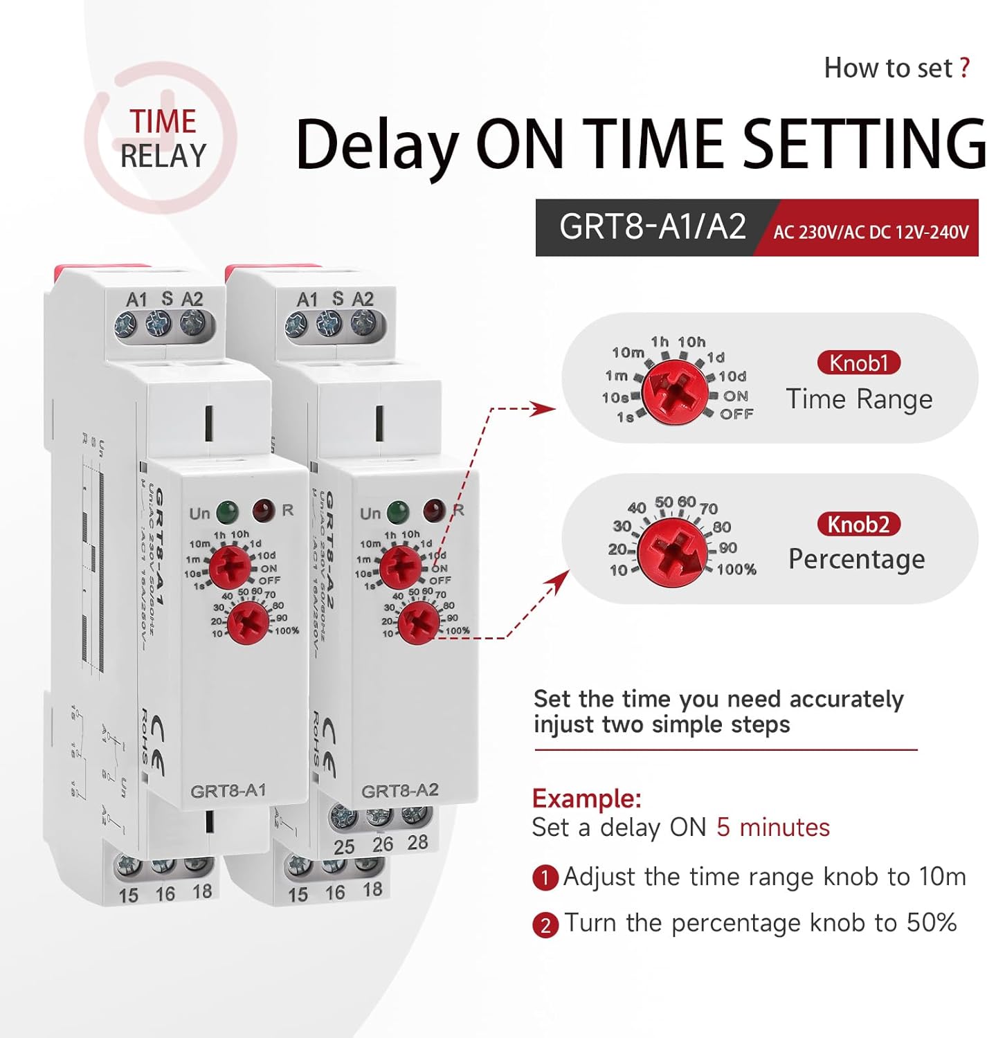 Delay ON Time Relay 16A, Adjustable Timer Delay Relay GRT8 A1 Voltage Range AC DC 12V to 240V DIN Rail Electronic Relays of Wide Time Delay Range for 0.1 Seconds to 10 Days
