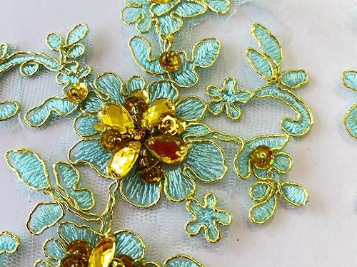 Miniatura 18 de Zbroh Parches de tela de encaje fino bordados con diamantes de imitación bordados, decoración de vestido para coser en lentejuelas cuentas, Azul