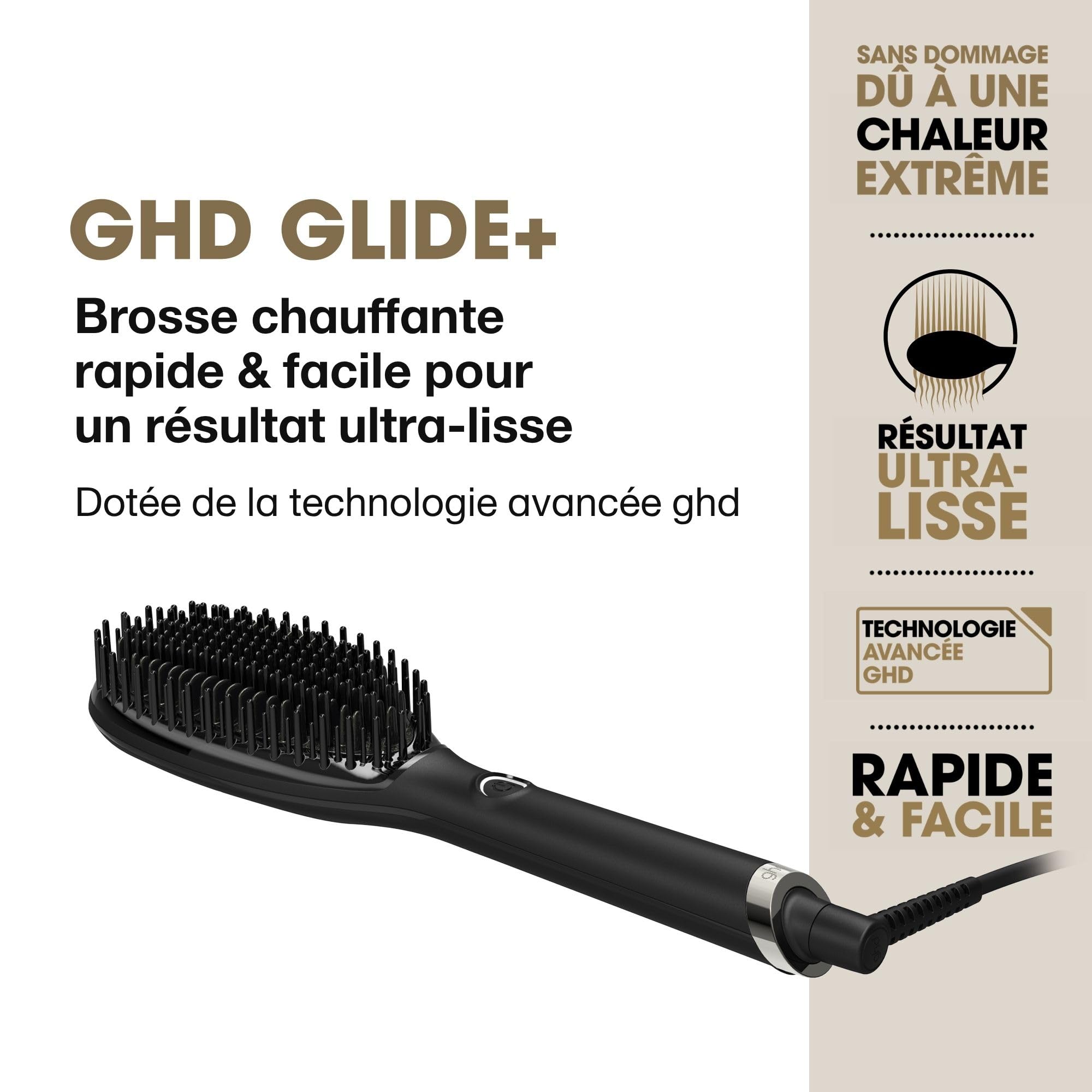 ghd - Brosse Chauffante ghd Glide+, Brosse Lissante (Noire) - Lissage Rapide, Facile, résultats sans frisottis - Sans chaleur extrême - Tous types de cheveux - S'utilise sur cheveux secs