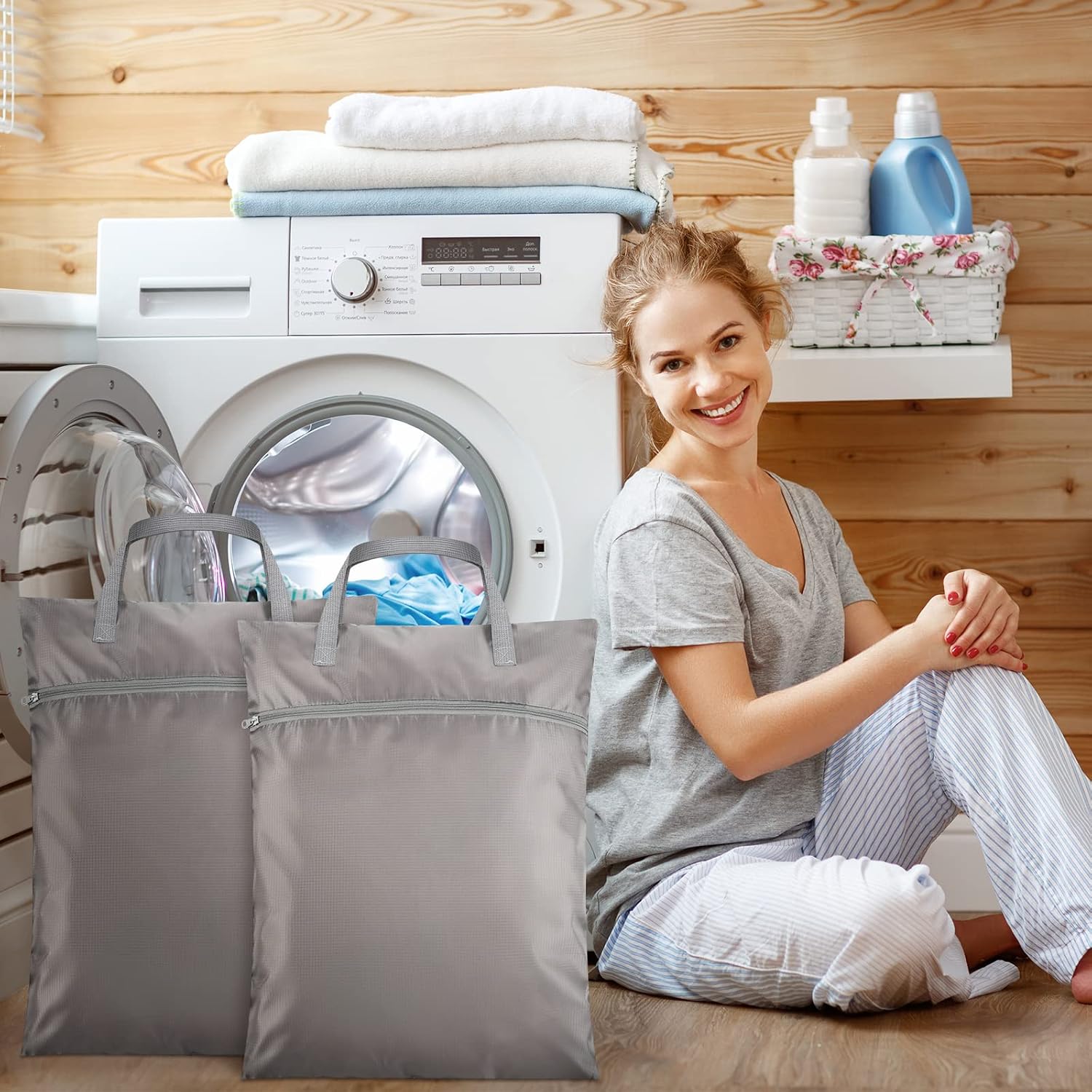 2 Pcs Travel Laundry Bags Waterproof with Handle Dirty Clothes Bag for Traveling Hanging Laundry Hamper with Two Zippered Pockets Washable Reusable for Sports Home Travel College Dorm (Gray)