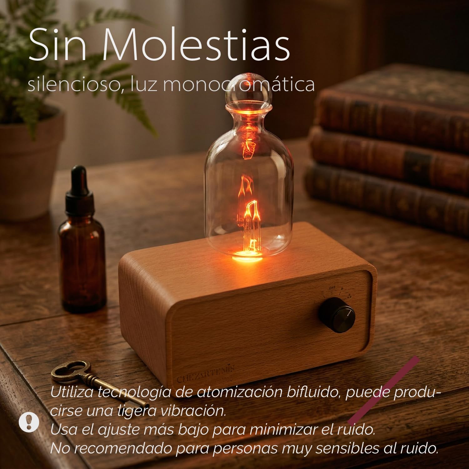 Aria Difusor de Aceites Esenciales Sin Agua, Nebulizador de Aromaterapia en Vidrio y Madera, Difusor de Aromas Inalámbrico para Hogar y Salón, Batería Recargable, Diseño Retro con Temporizador & LED