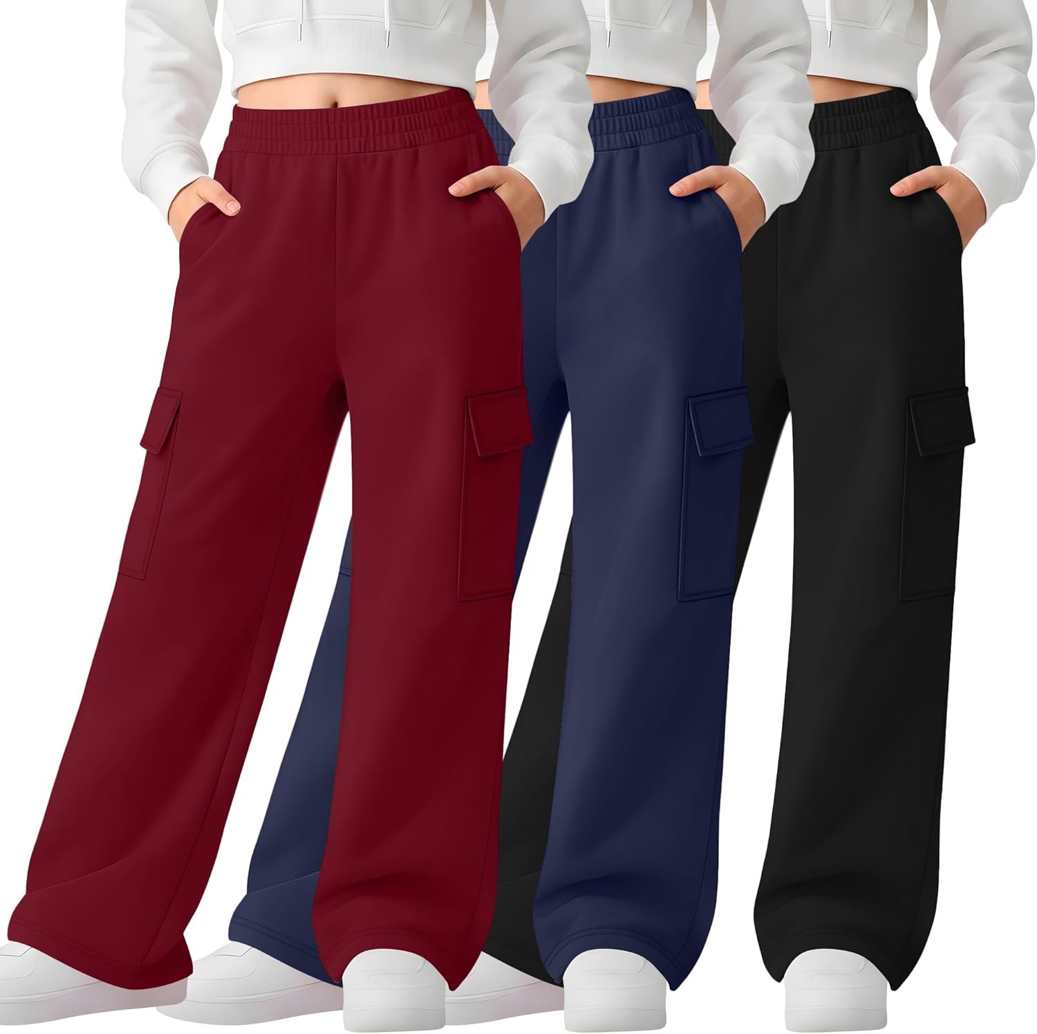 3 Pack Girl's Wide Leg Sweatpants Cargo Pants Lightweight Baggy High Waisted Jogger...