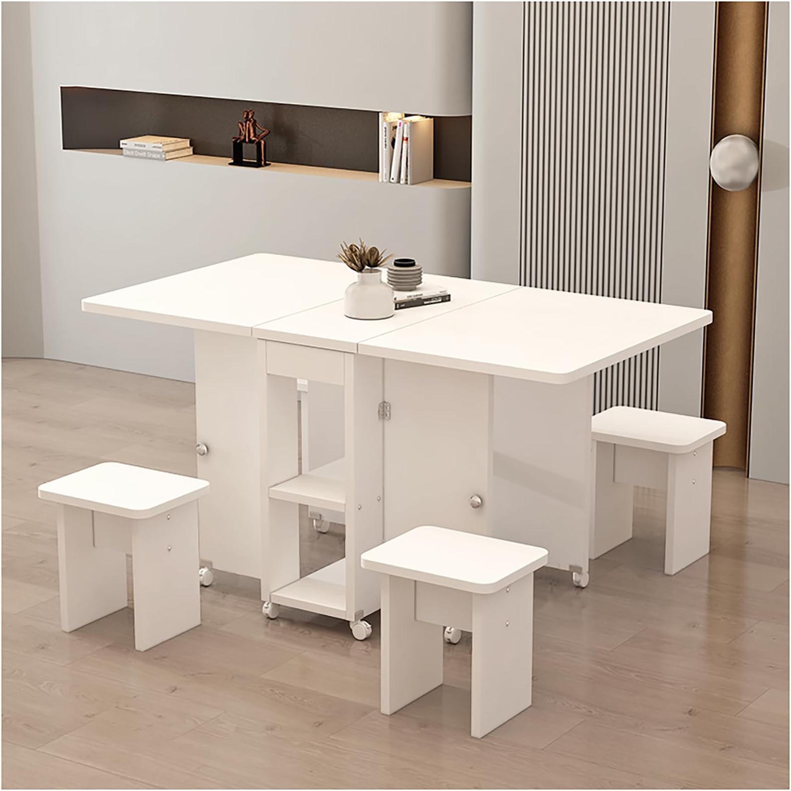 Folding Dining Table for 4-8 People with 12 Wheels & 4 Stools Space-Saving Double Layer Design Perfect for Home Kitchen Dining Room & Living Room - White