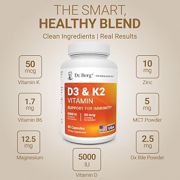 Dr. Berg Maximum Strength 7-in-1 Vitamin D3 K2 5000 IU | Naturally Derived D3 | 4X Lab-Tested & Verified | High Absorption Formula | K2 D3 Vitamin Supplement | 60 Capsules