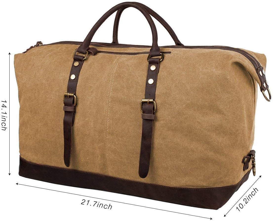 S-ZONE Oversized Leather Canvas Duffel Shoulder Weekender Mens Overnight Bag with Leather Luggage Tags