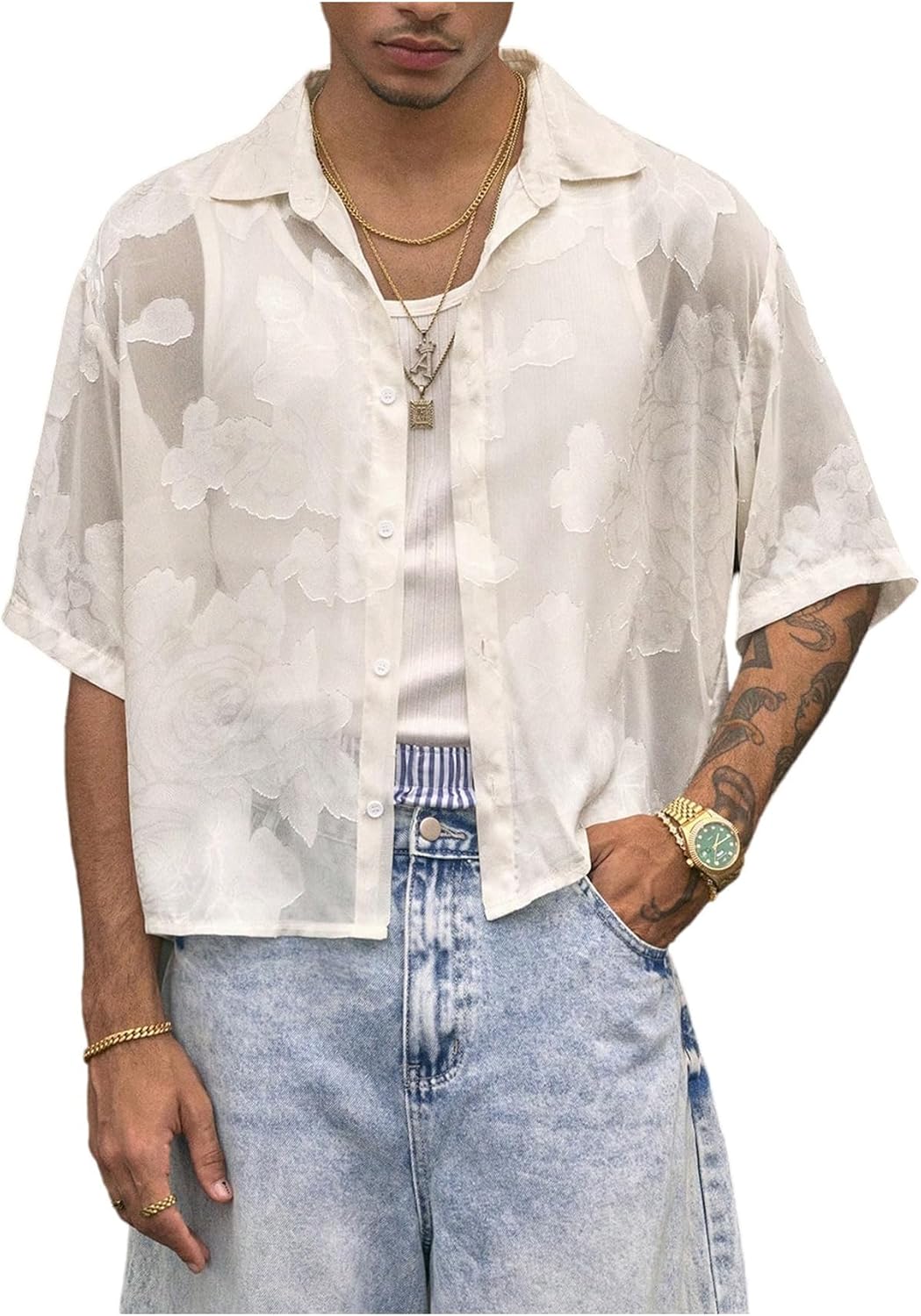 GORGLITTER Men's Cropped Shirt Button Up Floral Sheer Mesh Short Sleeve Boxy Collared Loose Casual Boho Streetwear