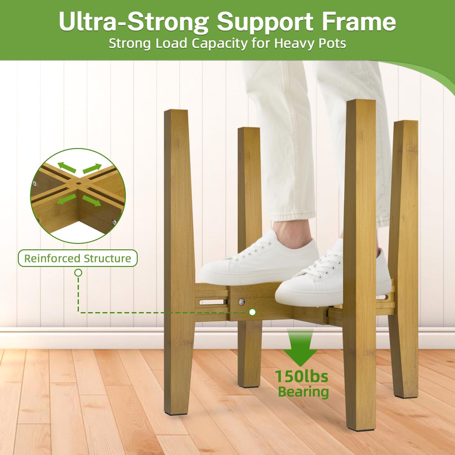 iDavosic.ly Adjustable Plant Pot Stand Indoor Outdoor, Mid Century Modern Bamboo Short Single Flower Holder Fits 8 to 12 Inch Large Heavy Duty Planter (Not Included) | Brown