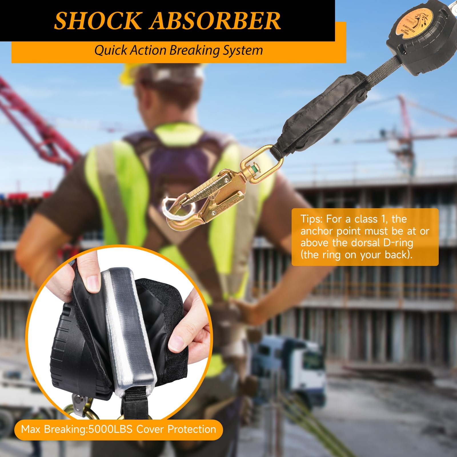 TRSMIMA Fall Protection Retractable Lanyard - 6FT Construction Self-Retracting Lanyard Fall Arrest Safety Roofing Heavy Duty Leading Positioning ANSI