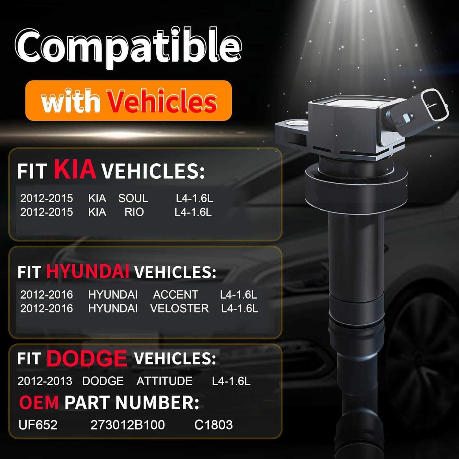 Ignition Coil UF652 for Hyundai: Veloster Kia Rio Accent Soul 2012-2019 1.6L L4 coil pack Enhance Engine Performance for Long Trips (ignition coil)