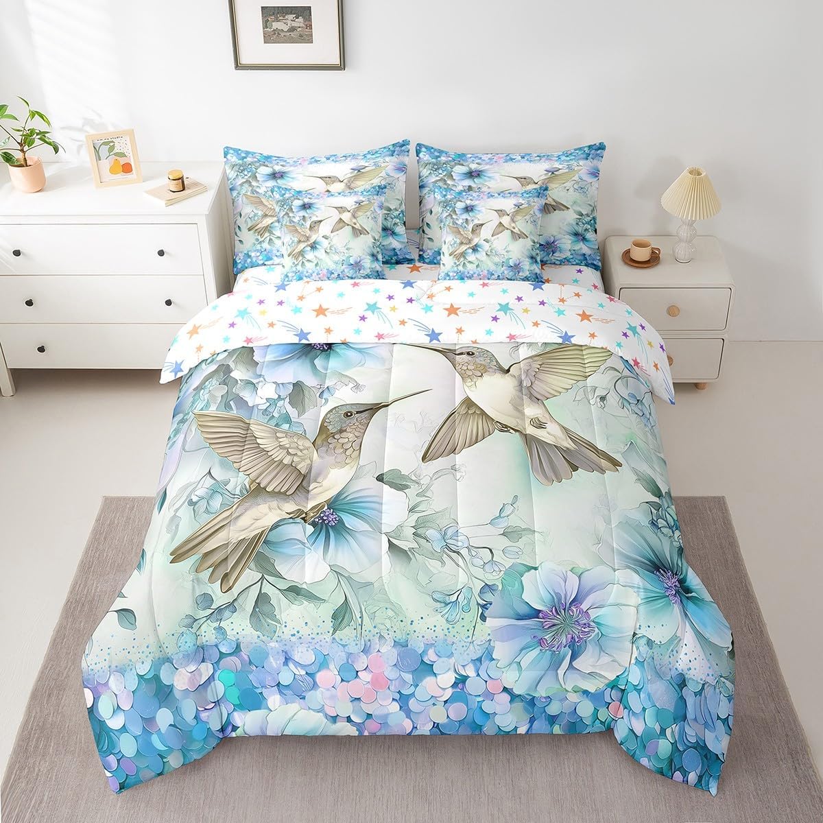 7 Pieces Hummingbird Comforter Set King Size for Room Decor,Soft Reversible Blue Flowers Bed Set with Comforters,Sheets,Pillowcases & Shams,Watercolor Hummingbird Bedding Sets for All Season