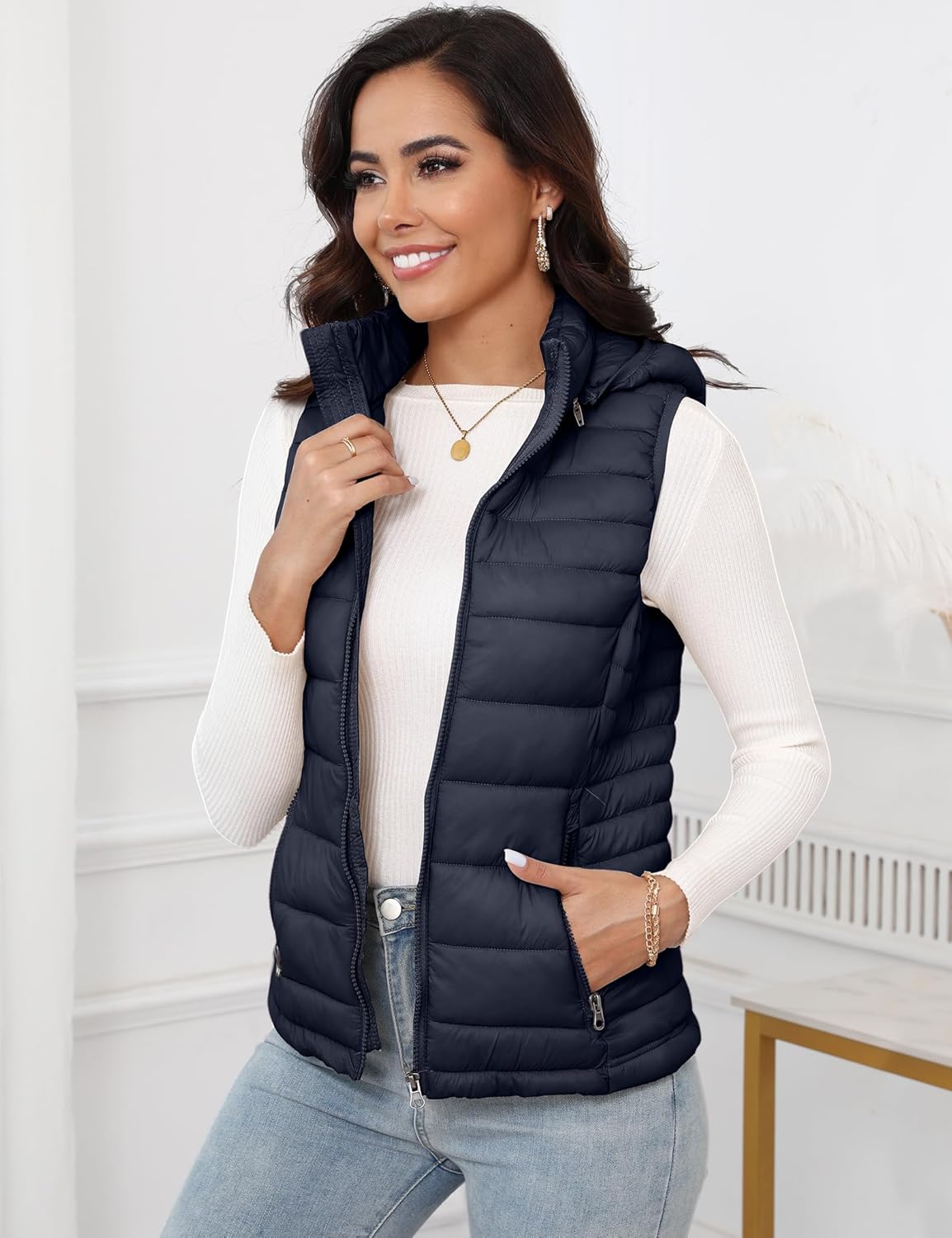 SLOW DOWN Womens Lightweight Puffer Vest, Womens Winter Packable Vest, Womens Puffy Vest with Removable Hood and Zip Pockets - Image 2