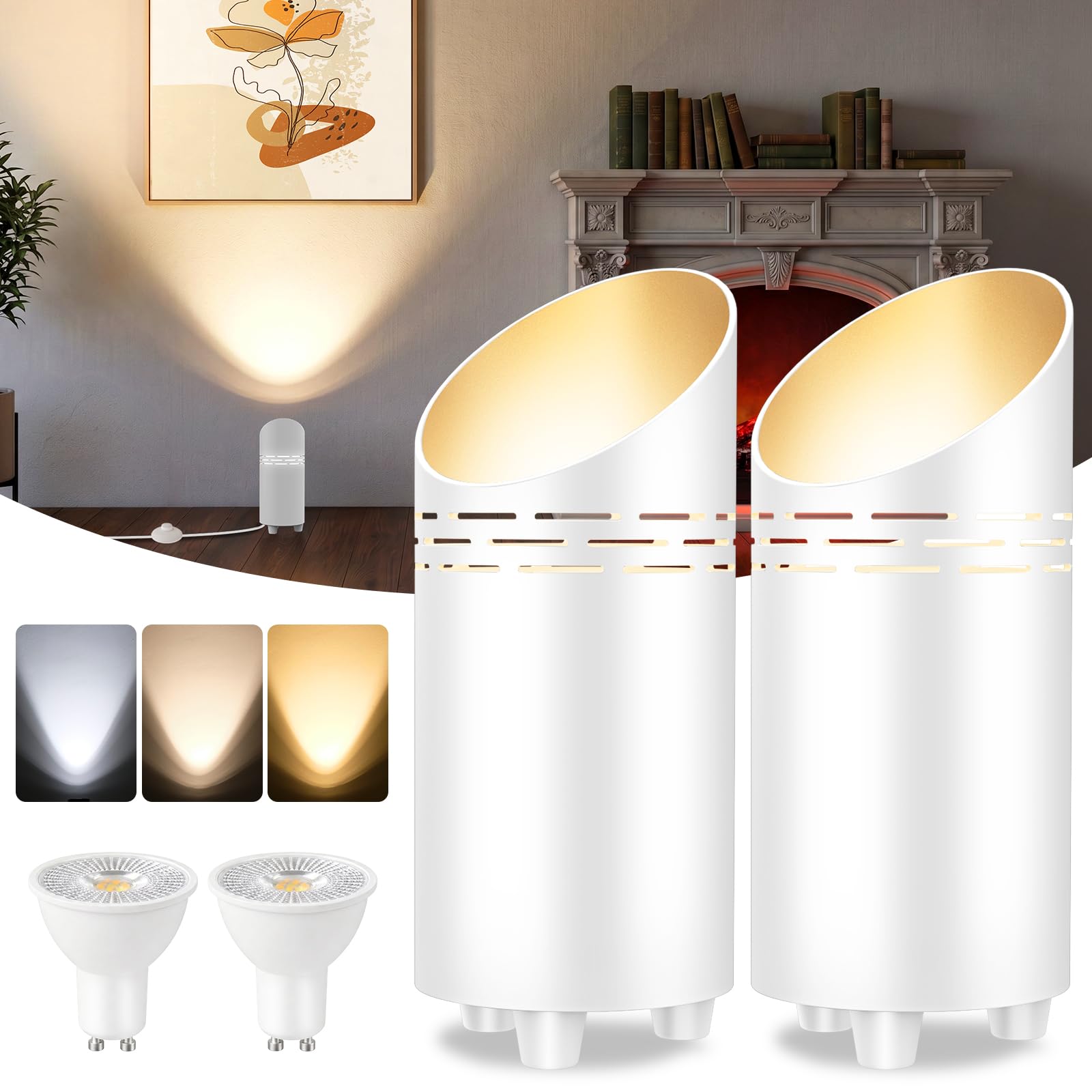 T-SUN LED Sol Spot, 6W Lampe de Sol pour Intérieur avec Ampoule GU10 LED, Interrupteur Pied & Câble de 1,8 m, Lumière Chaude/Froide Lampadaire Dimmable pour Plantes, Coin, Chambre(2 Pcs, Blanc)
