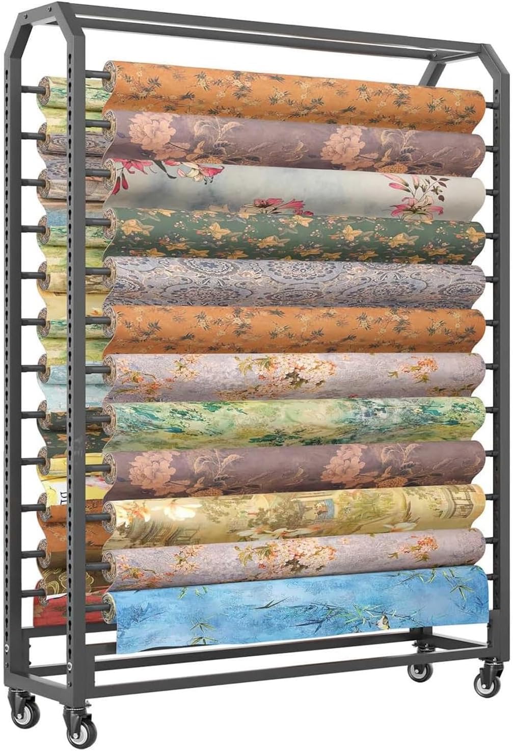 Large Storage Rack with Adjustable Rod & Brakeable Wheels, Commercial Textile Fabric Display Stand for Vinyl Spool/Car Color Change Film/Tablecloth/Wrapper(20 rods,Wide-195cm)