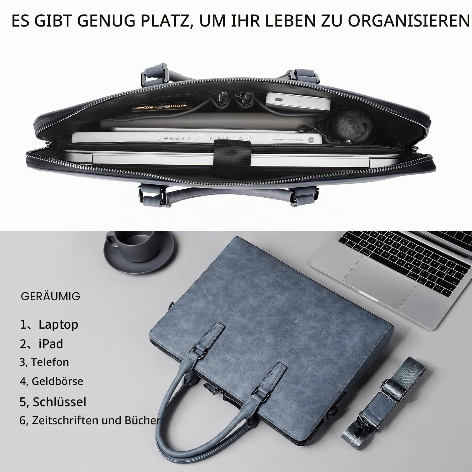 FSD.WG Business Bag Leder Messenger Bag Wasserabweisend Business Reise Aktentasche Handtasche Aktentasche für Herren, Blau, Large