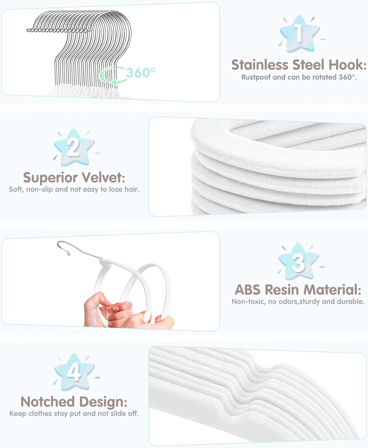 VIS'V Baby Hangers, 11 Inch Velvet Kids Hangers with 6 Pcs Clothes Size Dividers, Infant Toddler Nursery Closet Organization, Non Slip, White, 30 Pcs - Image 3