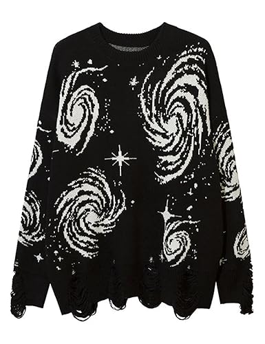 Yimoon Mens Oversized Sweaters Graphic Crewneck Knit Pullover Unisex Y2K Streetwear Jumper Tops - Black01 - Large