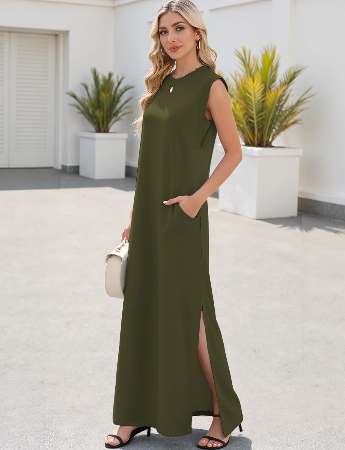 Maxi Dresses for Women Round Neck Loose Casual Maxi Sundresses with Sleeves Casual Summer Split Dress with Pockets Army Green - Image 3