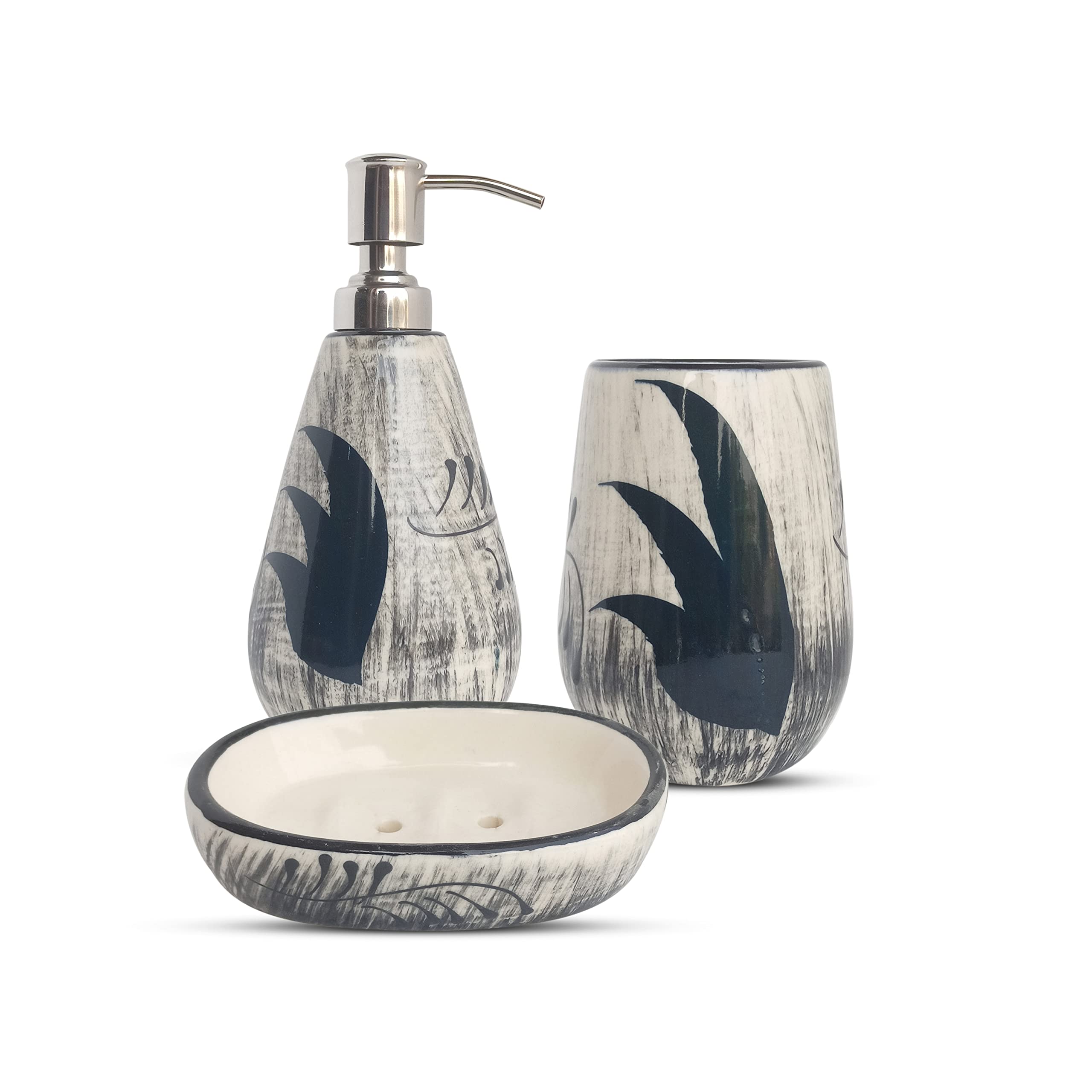 Kaolinite Ceramic Bathroom Accessories Set for Utility and Bathroom Decor | Liquid Soap Dispenser, soap Tray, Toothbrush Holder Hand Crafted/Haad Painted Classy Black