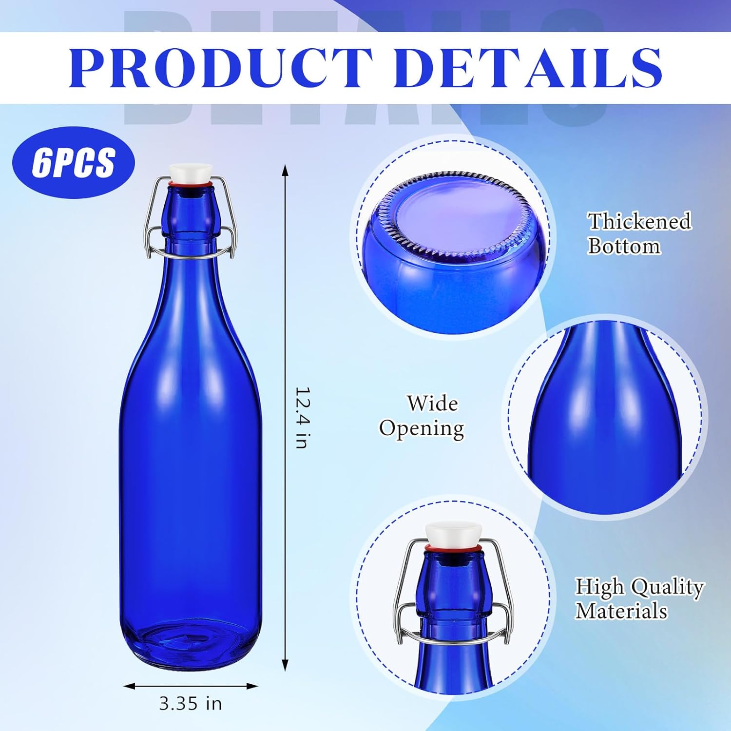 6 Pcs Cobalt Blue Glass Bottles 1 L/ 33.75 oz Decorative Wine Bottles Flip Top Glass Water Bottle with Airtight Lid for Home Decor Garden Tree Yard Outdoor Decorations