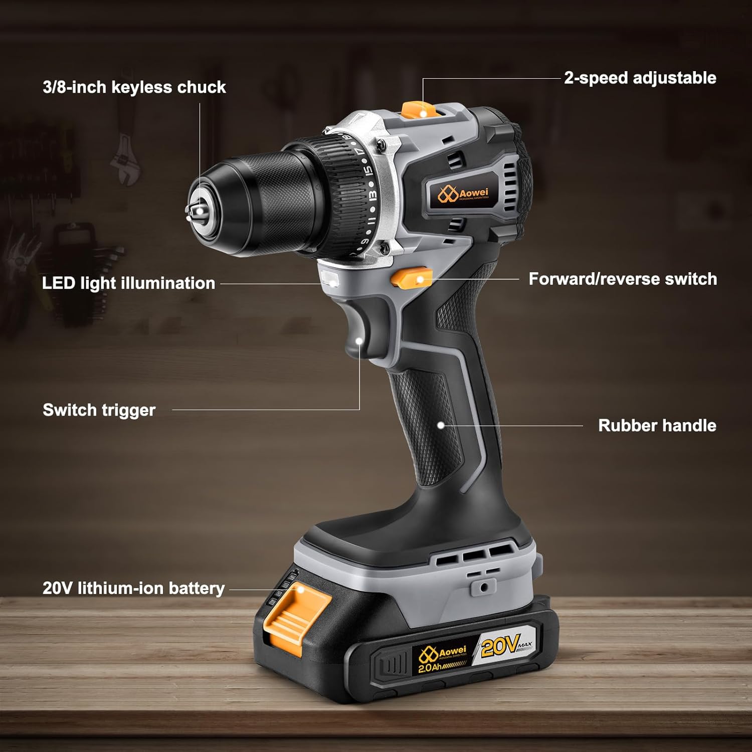 20V Brushless Cordless Lithium-Ion Drill Set, Compact Design, Gray Rechargeable Lithium-Ion Drill Kit, including 2.0Ah Battery, Charger and 3/8-inch Keyless Chuck