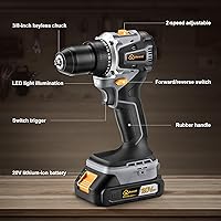 Vista 6 de Juego de taladro de iones de litio inalámbrico sin escobillas de 20 V, diseño compacto, kit de taladro de iones de litio recargable gris, incluye