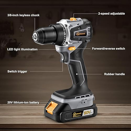 Miniatura 6 de Juego de taladro de iones de litio inalámbrico sin escobillas de 20 V, diseño compacto, kit de taladro de iones de litio recargable gris, incluye