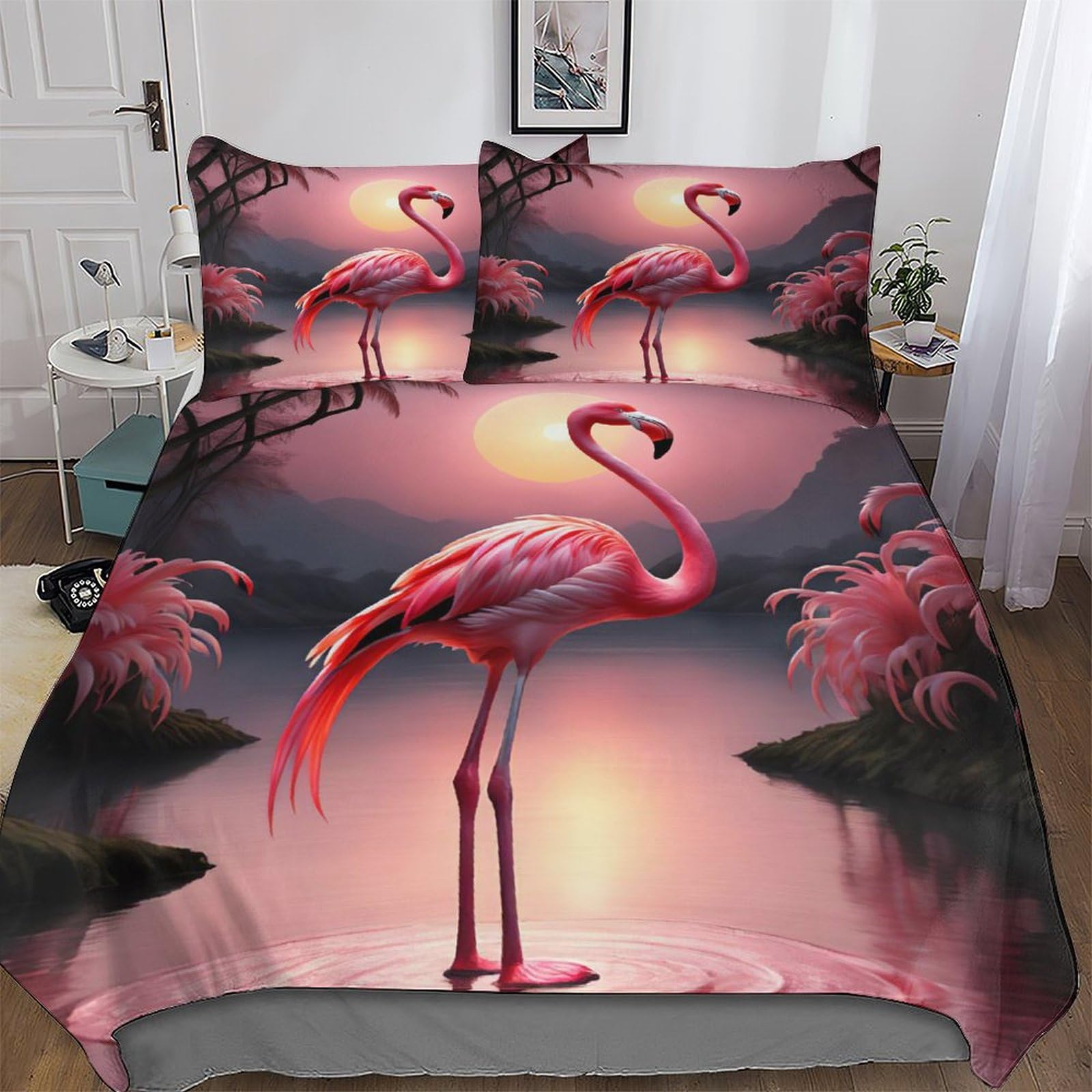 Flamingo Duvet Cover Set Microfibre Soft Quilt Covers 3 Pieces Bedding Cover with Pillowcase For Boys, Girls And Teenagers Double (200x200cm)