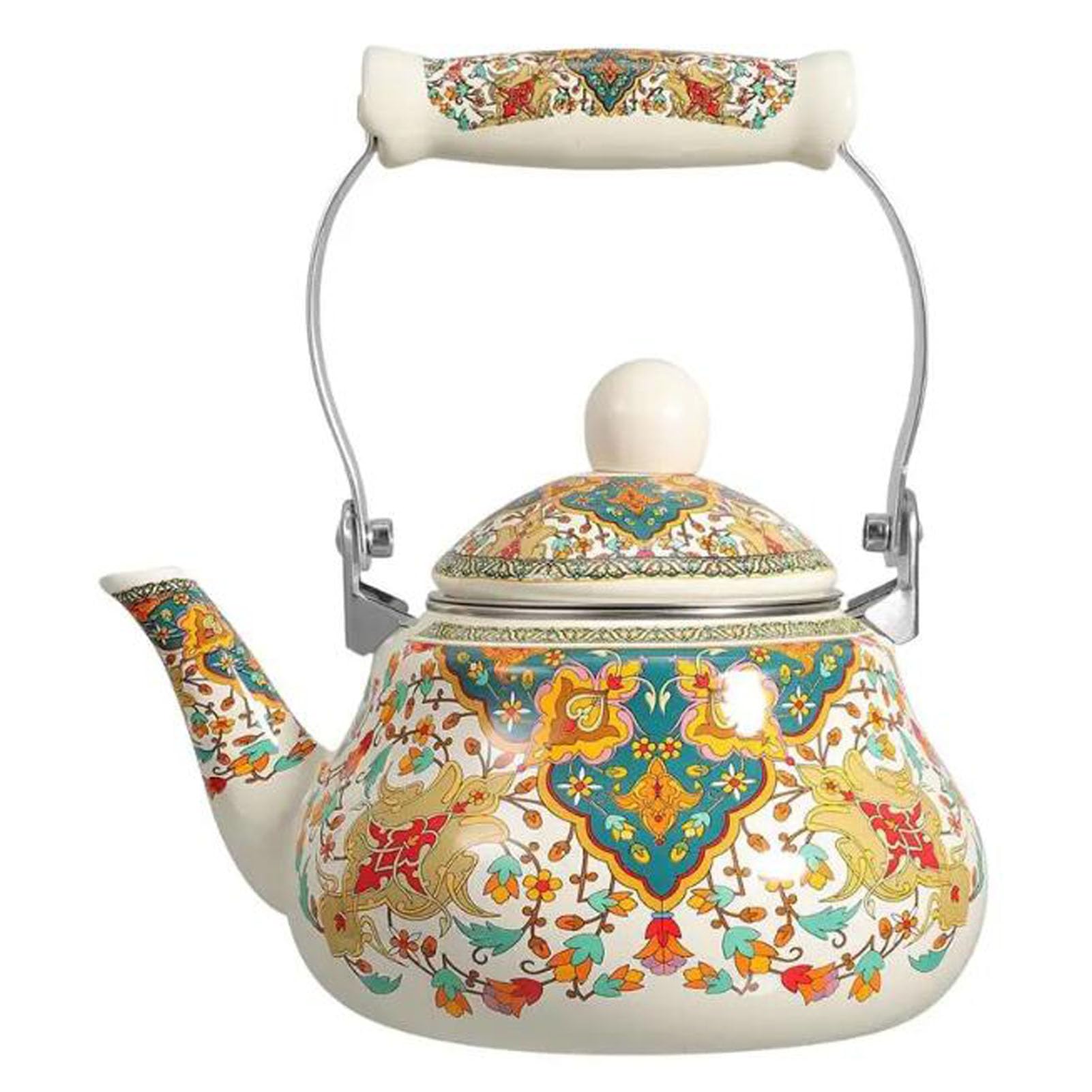 Rsbfer B Enamel Teapot, 1.5L Porcelain Enameled Teakettle, Vintage Floral Cooktop Teapot With Cool Handle, Non-Whistling For Rewing Tea & Coffee,
